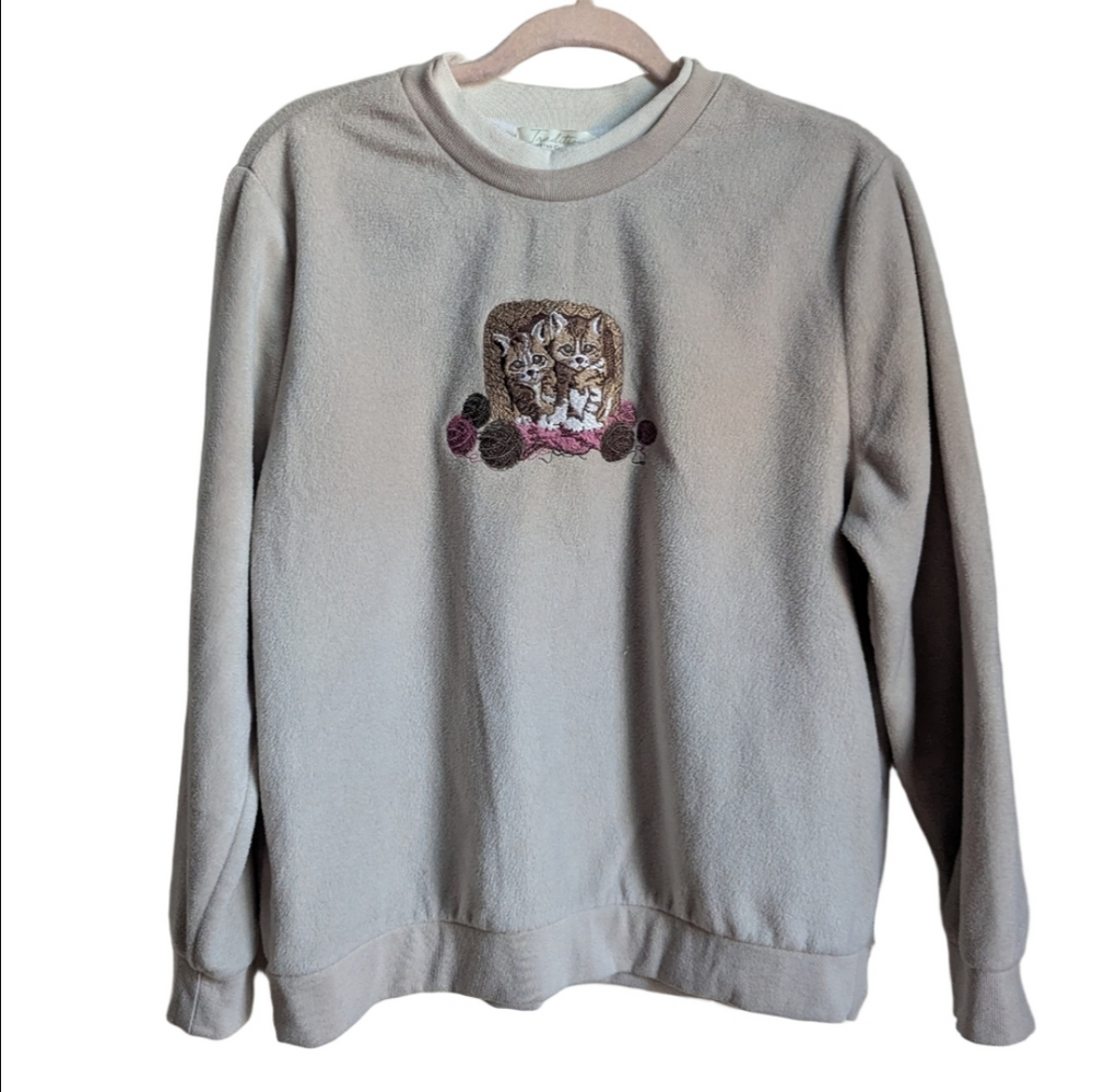 VINTAGE Beige Kitty Cats Retro Dainty Whimsical Novelty Sweatshirt Size Medium